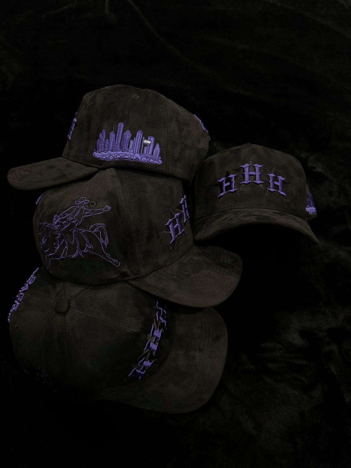 NY - Houston Hat Black Suede Style with Purple Embroidery