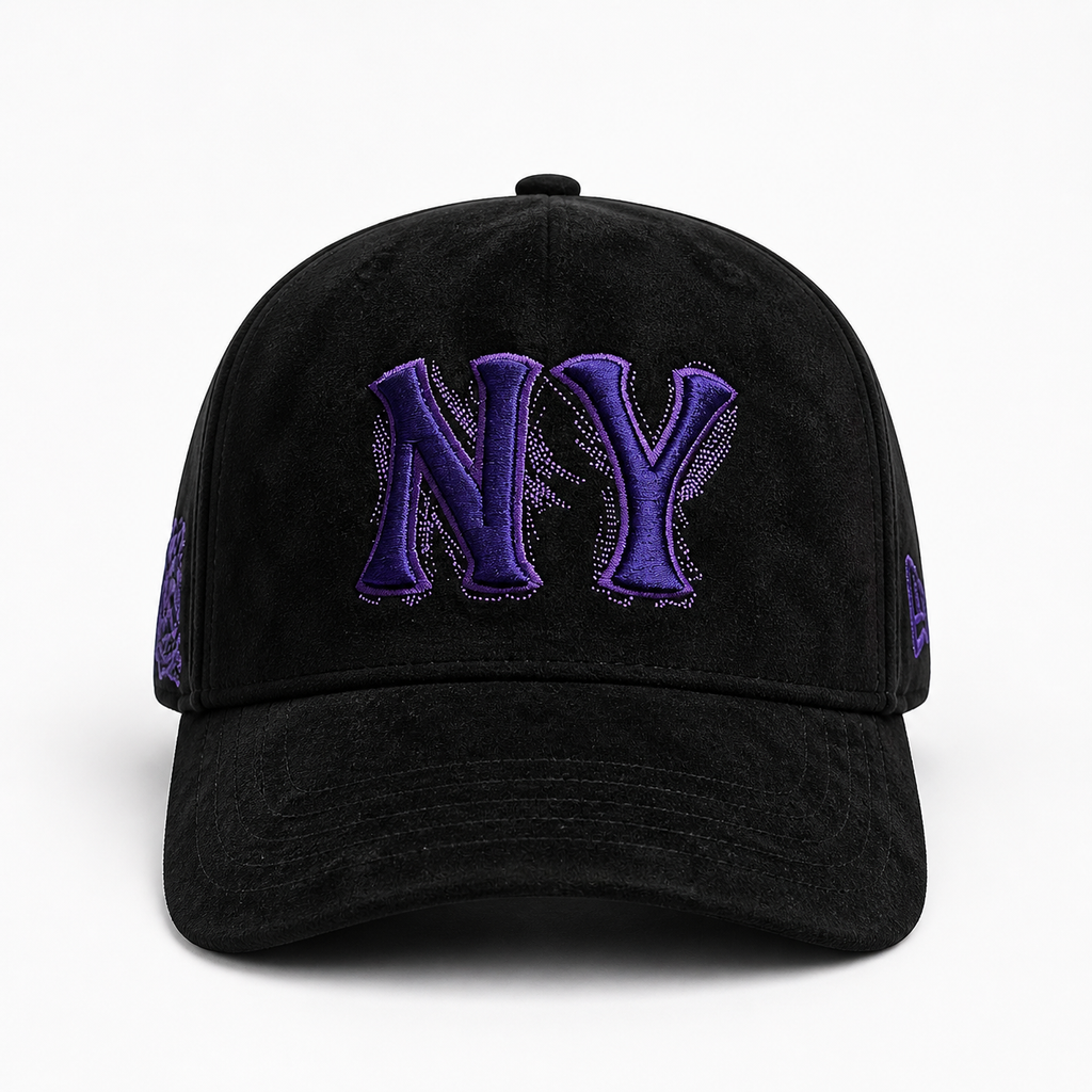 New York Hat - Black Suede Style with Purple Embroidery