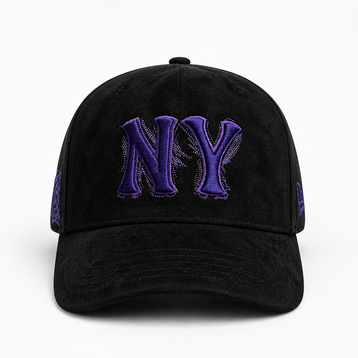 New York Hat - Black Suede Style with Purple Embroidery