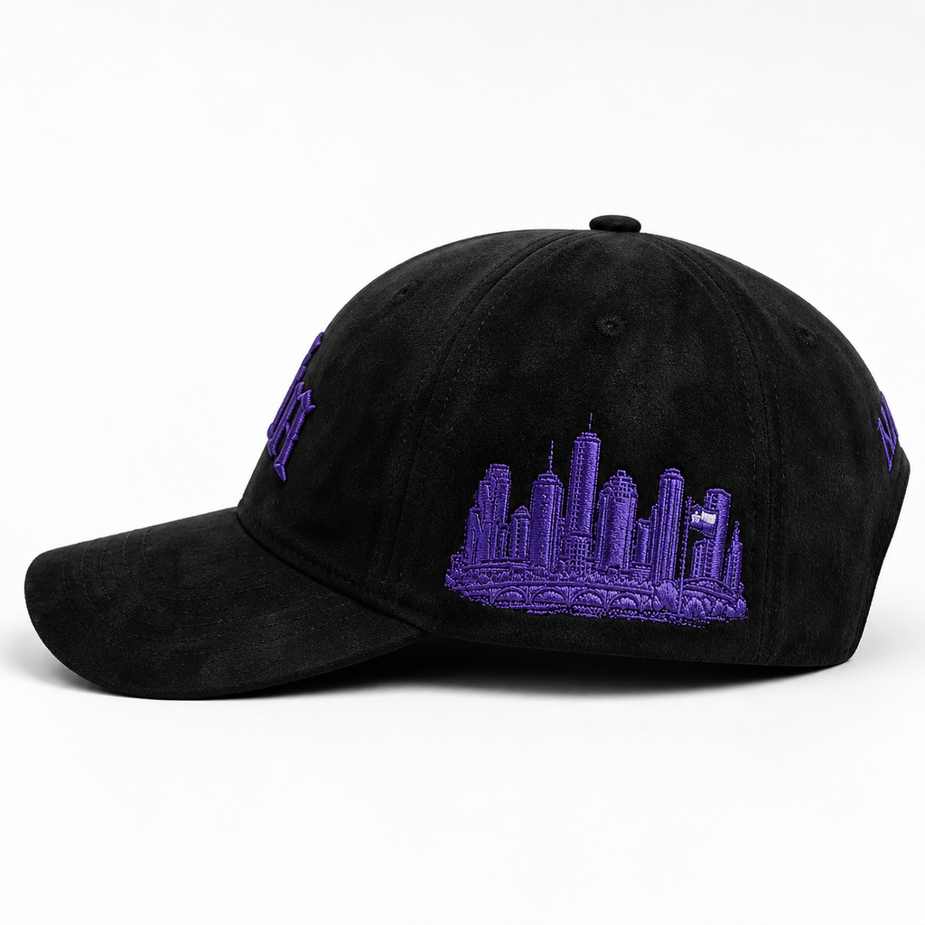 Houston Hat – Black Suede Style with Purple Embroidery