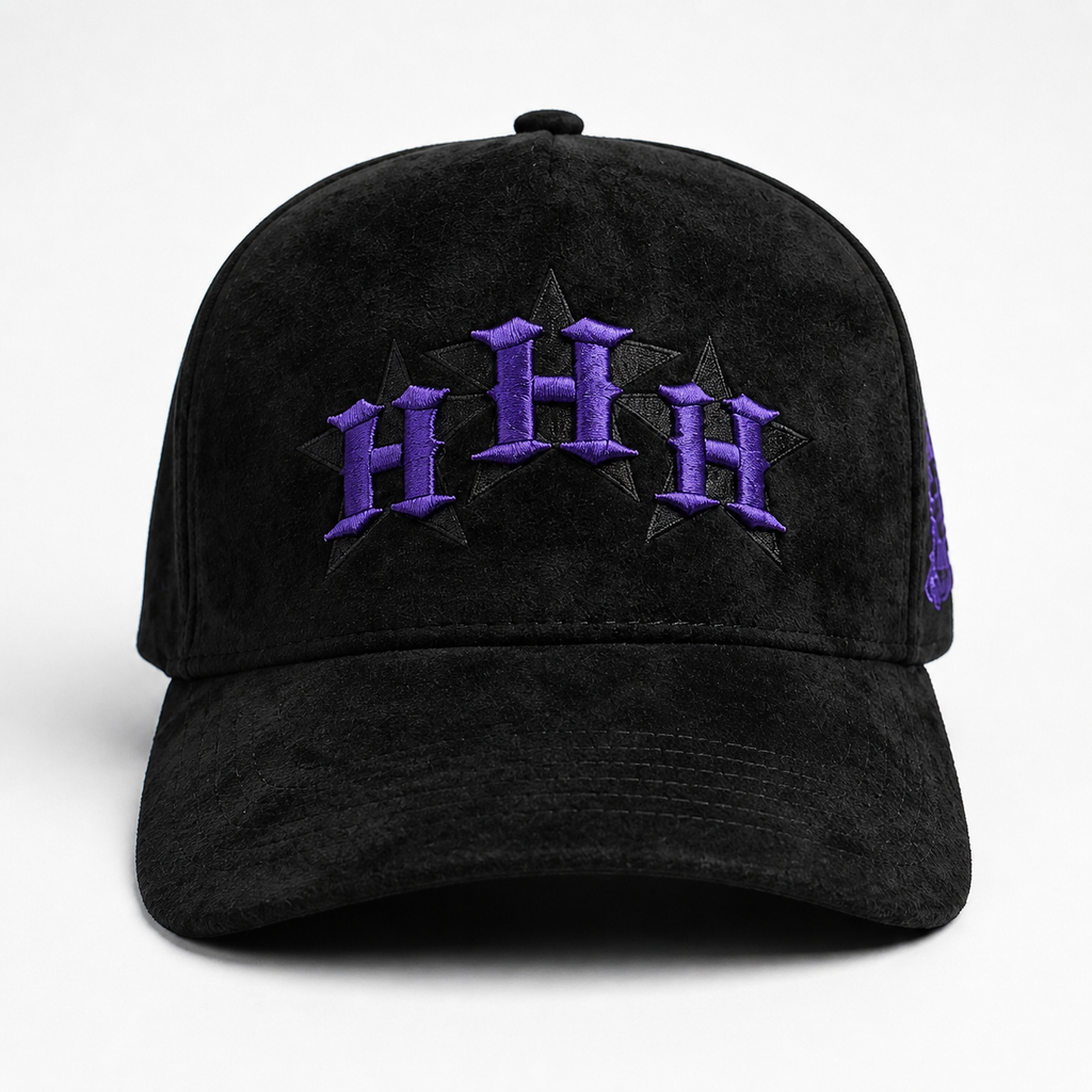 Houston Hat – Black Suede Style with Purple Embroidery