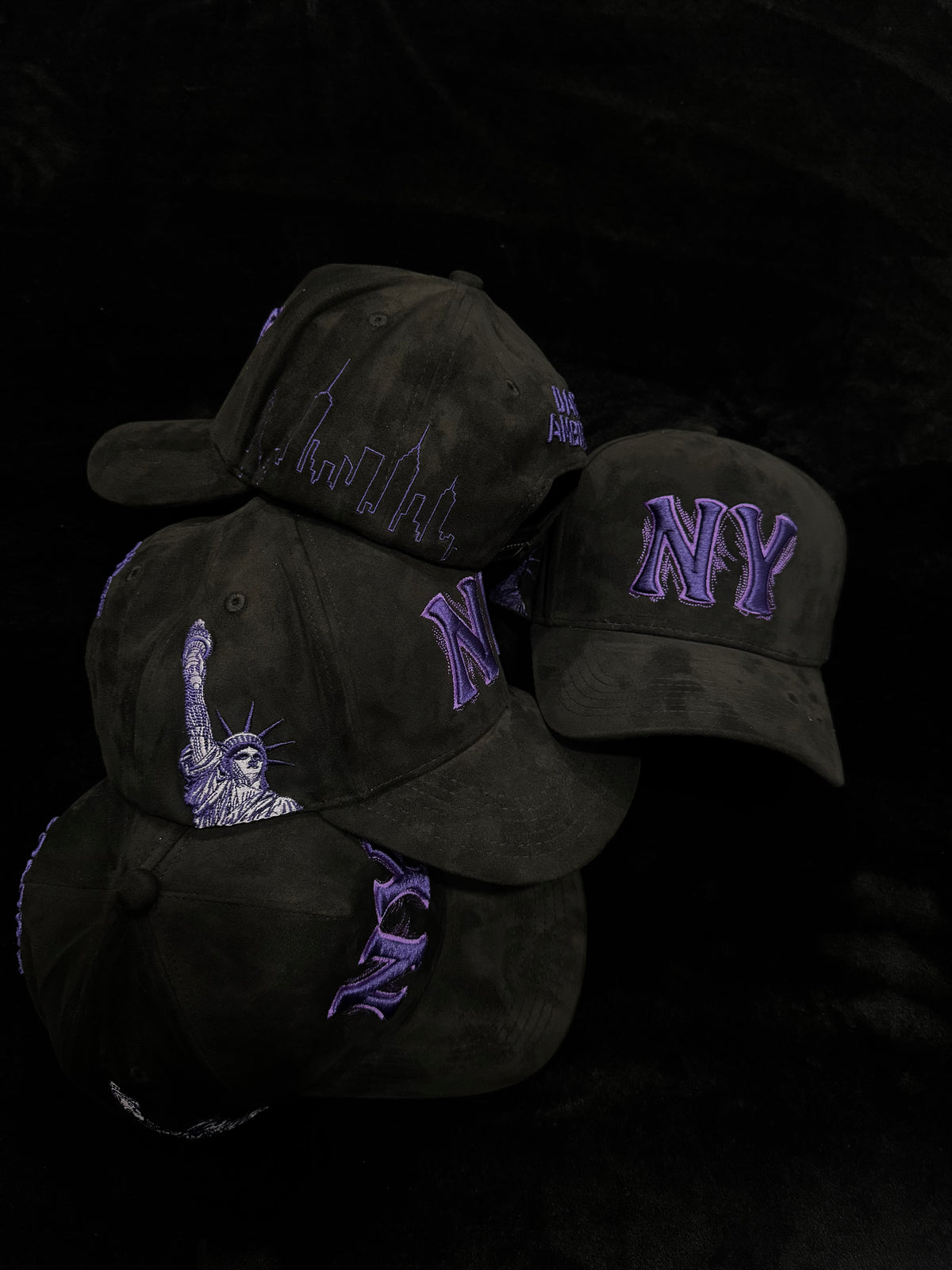 NY - Houston Hat Black Suede Style with Purple Embroidery
