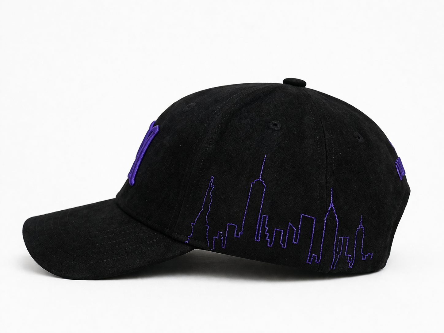 New York Hat - Black Suede Style with Purple Embroidery
