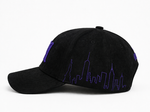 New York Hat - Black Suede Style with Purple Embroidery