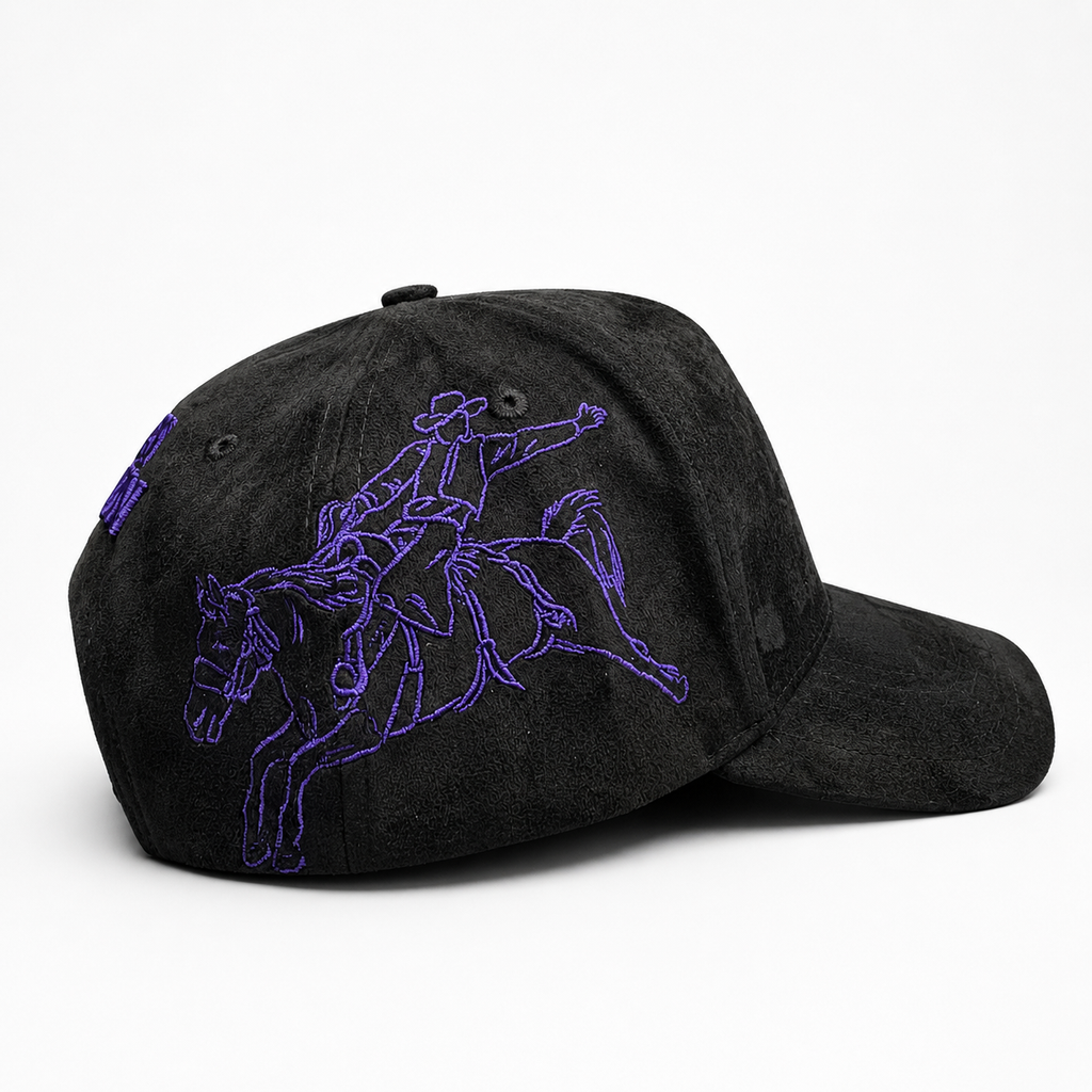 Houston Hat – Black Suede Style with Purple Embroidery