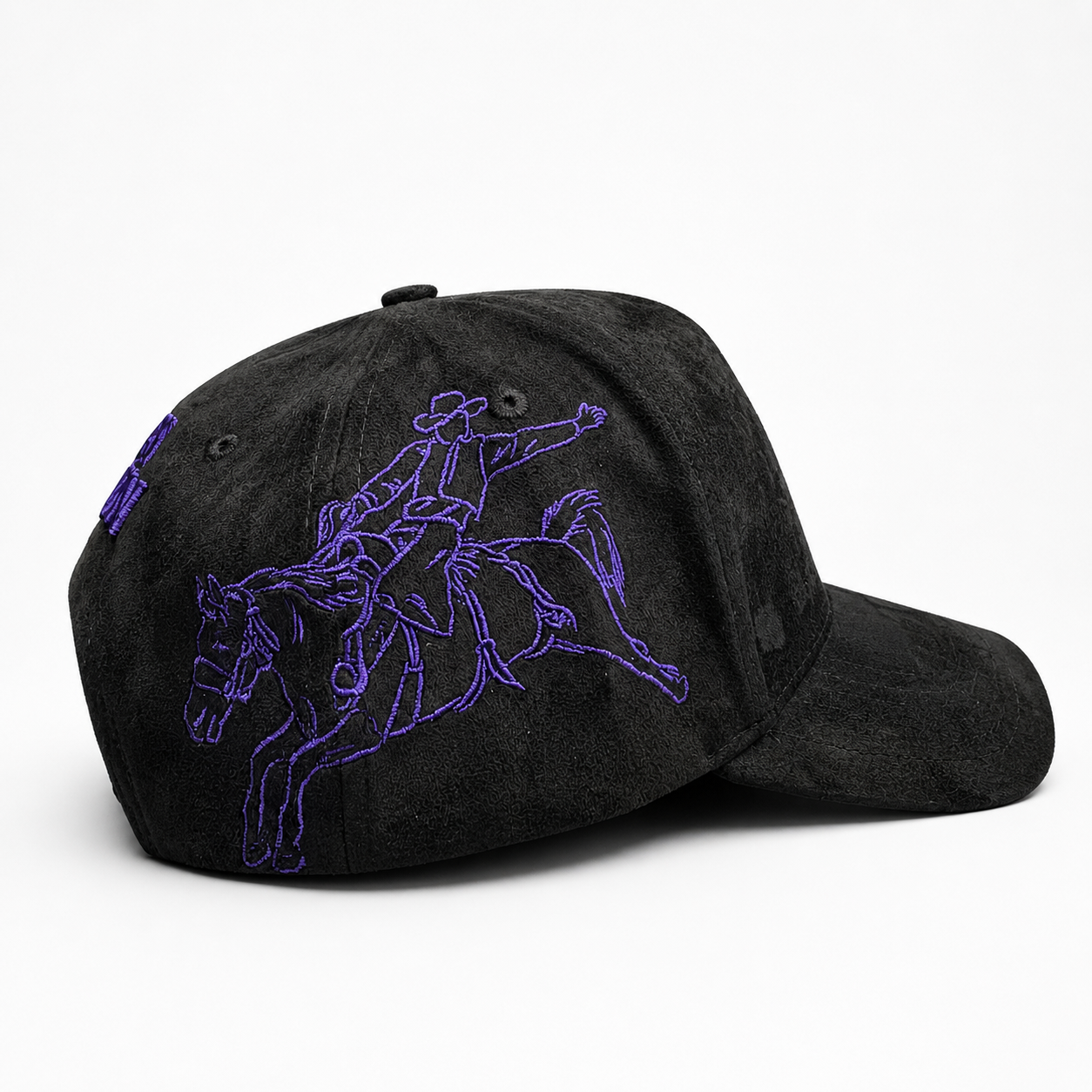 Houston Hat – Black Suede Style with Purple Embroidery