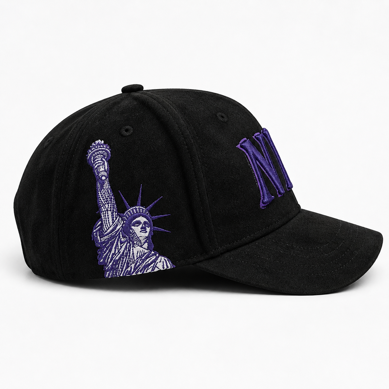 New York Hat - Black Suede Style with Purple Embroidery