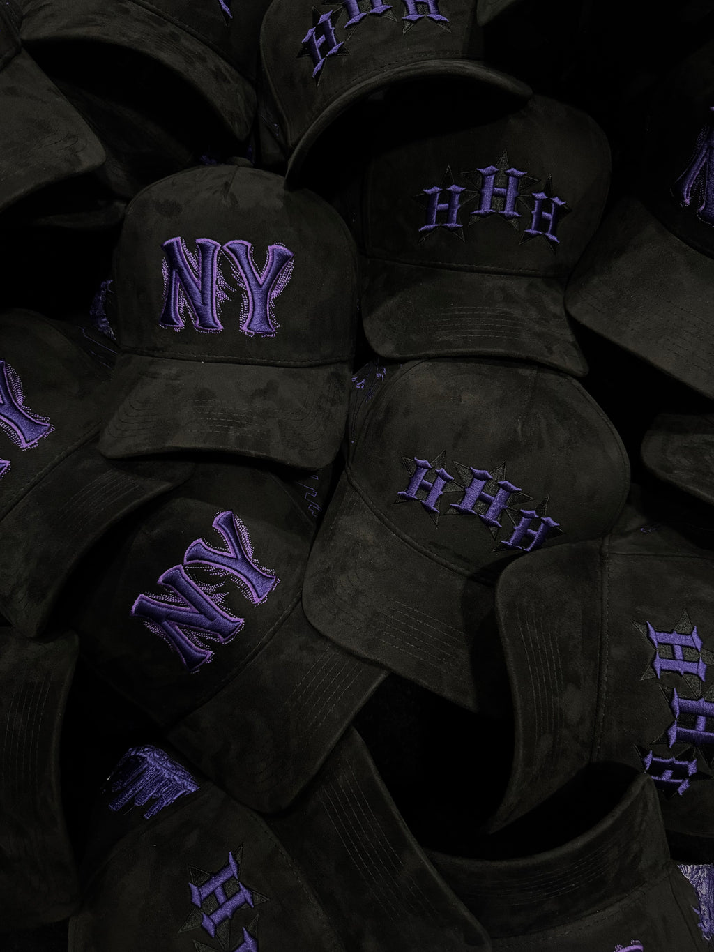 NY - Houston Hat Black Suede Style with Purple Embroidery