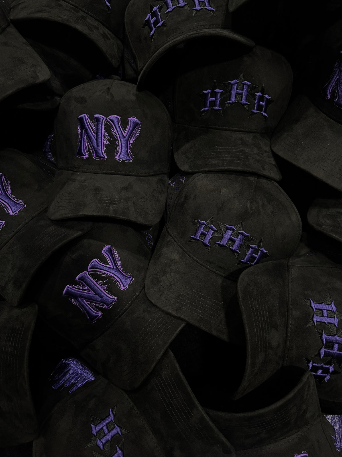 NY - Houston Hat Black Suede Style with Purple Embroidery
